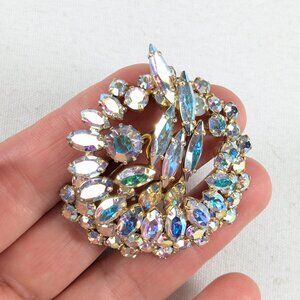 Vintage Large Aurora Borealis swirl brooch, Layered 3D rhinestone costume brooch